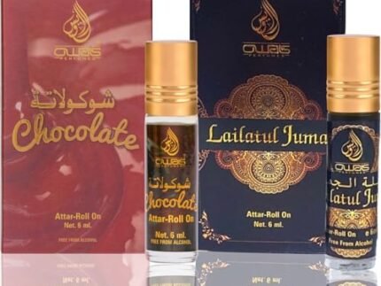 OWAIS Chocolate & Lailatul Juma Attar Combo | 6ml x 2 | Long Lasting Fragrance for Men & Women | Alcohol-Free Ittar | Roll-On Perfume Oil | Cocoa, Vanilla, Mint, Lavender, Jasmine & Musk Sandalwood Notes | Non Alcoholic Unisex Attar Gift Set (Pack of 2)
