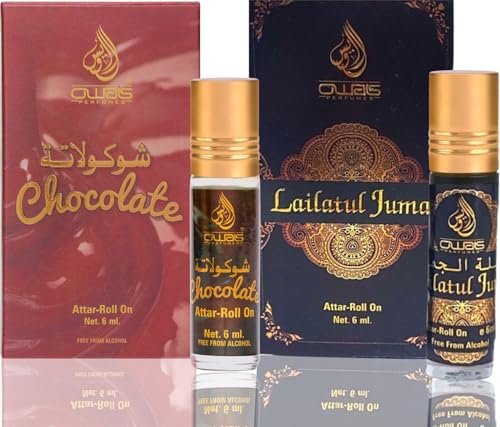 OWAIS Chocolate & Lailatul Juma Attar Combo | 6ml x 2 | Long Lasting Fragrance for Men & Women | Alcohol-Free Ittar | Roll-On Perfume Oil | Cocoa, Vanilla, Mint, Lavender, Jasmine & Musk Sandalwood Notes | Non Alcoholic Unisex Attar Gift Set (Pack of 2) OWAIS Chocolate & Lailatul Juma Attar Combo | 6ml x 2 | Long Lasting Fragrance for Men & Women | Alcohol-Free Ittar | Roll-On Perfume Oil | Cocoa, Vanilla, Mint, Lavender, Jasmine & Musk Sandalwood Notes | Non Alcoholic Unisex Attar Gift Set (Pack of 2)