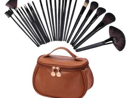 Professional Makeup Brush 24 Pcs Set with Storage Pouch Complete Face & Eye Brush Kit for Foundation, Powder, Blush, Contour, Eyeshadow & Blending Black Brushes with Brown Case