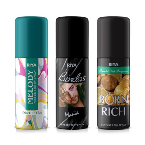 Riya Melody Sea Green, Bindas Mania and Born Rich Deodorant | Body Spray for Unisex | 40 ml Each | Combo of 3 Riya Melody Sea Green, Bindas Mania and Born Rich Deodorant | Body Spray for Unisex | 40 ml Each | Combo of 3