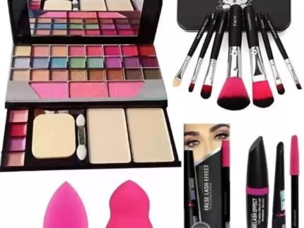 SKINPLUS 7pcs Makeup Brush set with Makeup Kit + 2 pc Blender Puff and 3IN1 (KAJAL+MASCARA+EYELINER) Combo (6 Items in the set)
