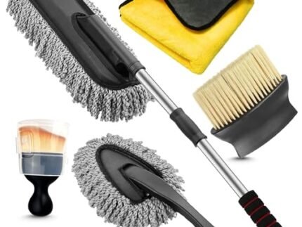 Sounce Car Cleaning 5 in 1 Kit Microfiber Duster with Long Handle Cleaning Brush Exteriror and Interiror Cleaner Cloth Ac Vent Cleaner Brush for Car, Motorbike, SUVs with Glass Cleaner Tablets