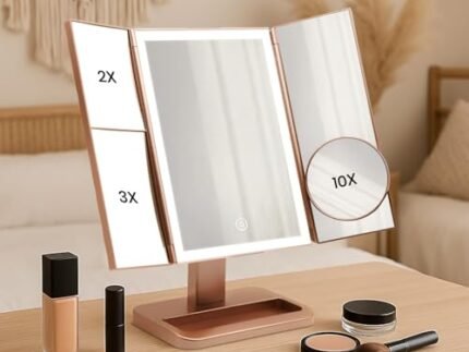 Stelliferous 10x Trifold Makeup Mirror with Adjustable LED Lights | 2X, 3X, 10X Magnifying & 3 Colour LED | USB Rechargeable | Magnifying Mirror for Home and Beauty Salon (Rose Gold)