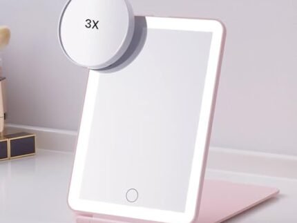 Stelliferous Flip Makeup Mirror with Light – 3X Magnifying Travel Mirror with 3-Color LED Lighting, USB Rechargeable – Shaving Vanity Tabletop Mirror, Portable & Foldable (Misty Rose, Rectangular)