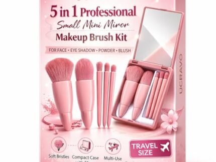 UCRAVO 5-in-1 Small Mini Makeup Brush Kit with Mirror – Compact Travel Cosmetic Set for Face, Eyeshadow, Blush, Powder & Lip Application – Portable Makeup Brush Kit for Women, Teens & Beginners