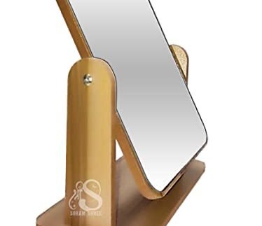 Wooden Tabletop Makeup Mirror Vanity Table Stand Mirror Swivel Bamboo Mirror for Bedroom Bathroom Desk 360 Degree rotatable Cosmetic Mirror for Makeup | (Square)