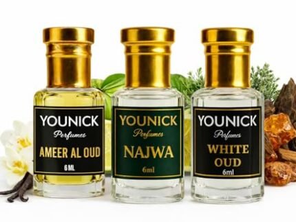 YOUNICK Premium Arabic Attars Combo, Ameer Al Oud, Najwa & White Oud, Alcohol-Free Perfume Oil, 3 × 6ml
