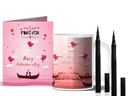 You and Me Forever Happy Valentine’s Day Girlfriend/Gift for Valentine Surprise Greeting Card & Coffee Mug 350ml with 2 Eyeliner Black Pencil Combo Pack of 4 Gift for Her