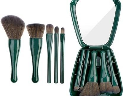 ZINZA 5-in-1 Mini Mirror Travel Makeup Brush Set – Compact and Travel Brush Set Essential Brushes for Face and Eyes – Premium Synthetic Bristles, Perfect for On-the-Go Application – Includes Foundation, Eyeshadow, Blending, Contour, and Lip Brushes (Green)