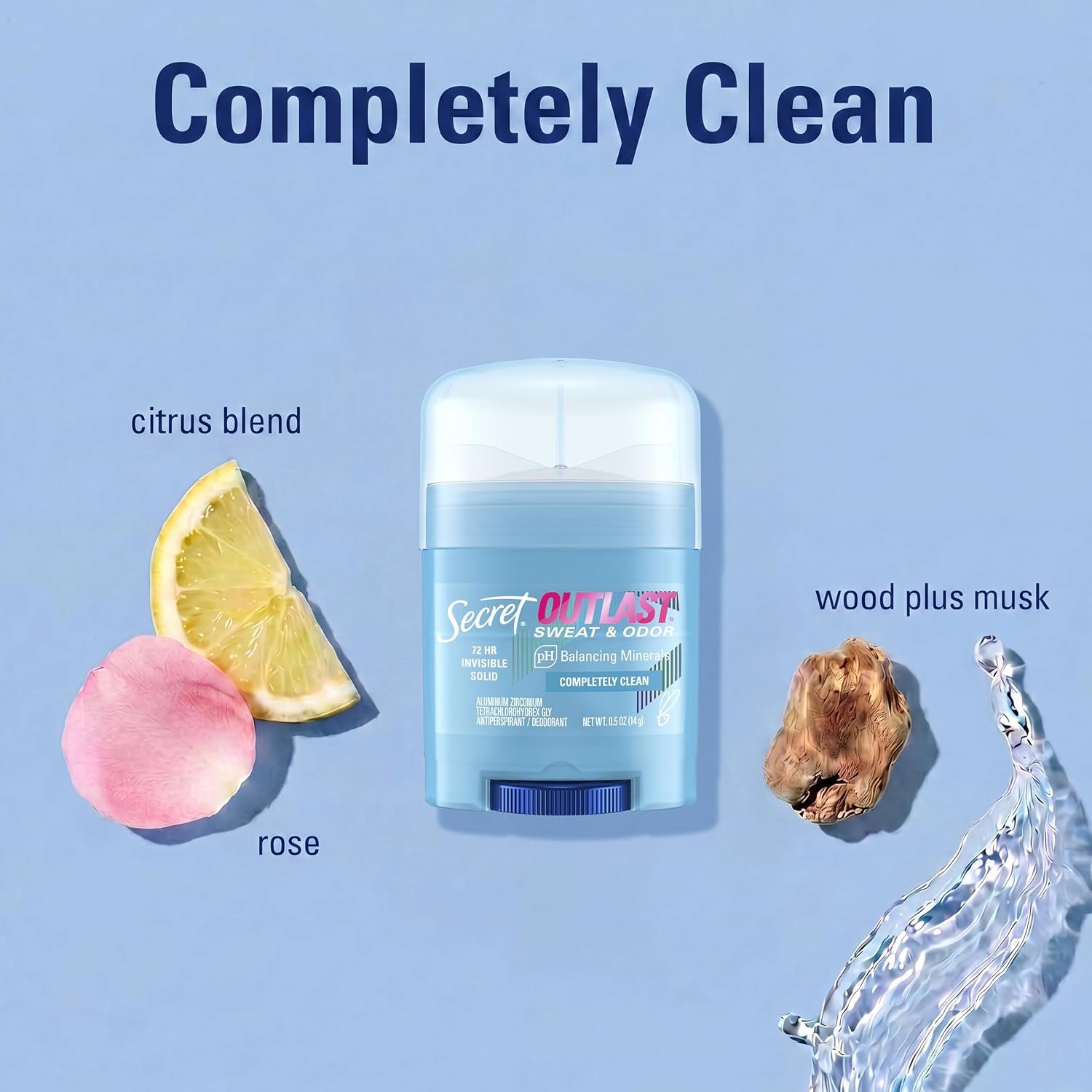 1789653656 Secret Outlast Antiperspirant Deodorant for Women 72hr Sweat Odor Protection PH Balancing Minerals Invisible Solid Completely Clean Scent Travel Size 0.5 oz