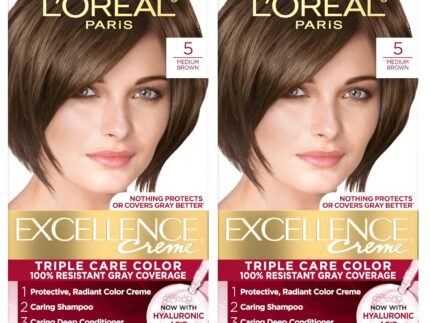 L’Oreal Paris Excellence Crème Permanent Hair Dye, Triple Care Hair Color with Hyaluronic Acid for 100% Gray Coverage, 5 Medium Brown, 1 Kit (Pack of 2) (Packaging May Vary)