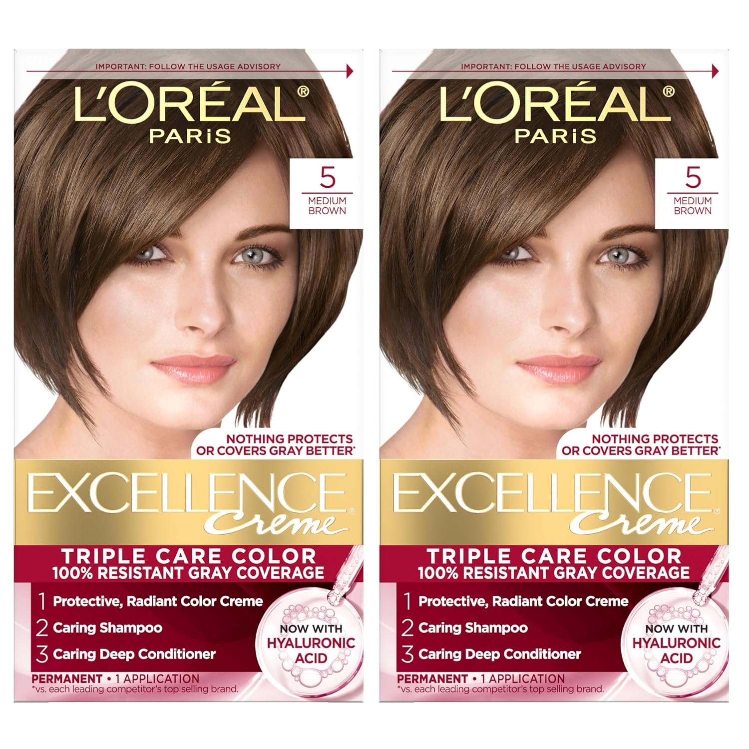 L’Oreal Paris Excellence Crème Permanent Hair Dye, Triple Care Hair Color with Hyaluronic Acid for 100% Gray Coverage, 5 Medium Brown, 1 Kit (Pack of 2) (Packaging May Vary) L’Oreal Paris Excellence Crème Permanent Hair Dye, Triple Care Hair Color with Hyaluronic Acid for 100% Gray Coverage, 5 Medium Brown, 1 Kit (Pack of 2) (Packaging May Vary)