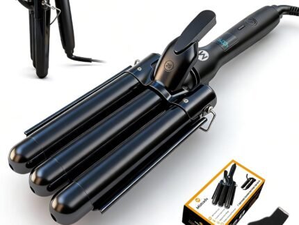 3 Barrel Curling Iron, 1 Inch Ceramic Tourmaline Hair Waver Wand with LCD Temperature Display, Fast Heating Foldable Crimpers for Travel Glove Included (Black)