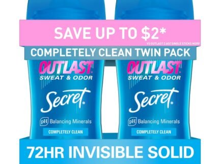 Secret Outlast Antiperspirant Deodorant for Women, 72hr Sweat & Odor Protection, PH Balancing Minerals, Pro-Hyaluronic Acid, Invisible Solid, Completely Clean Scent, 2.6 oz (Pack of 2)