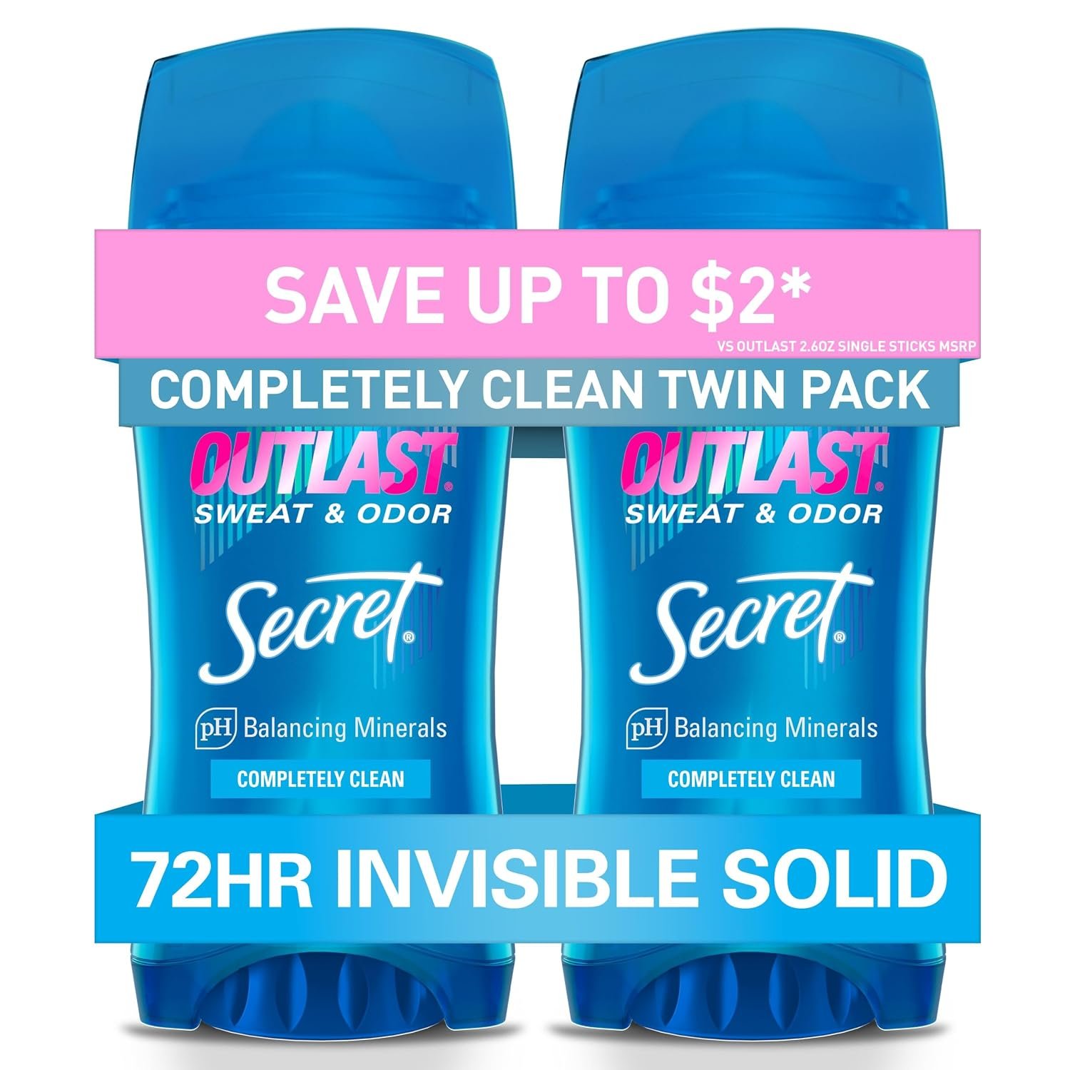 Secret Outlast Antiperspirant Deodorant for Women, 72hr Sweat & Odor Protection, PH Balancing Minerals, Pro-Hyaluronic Acid, Invisible Solid, Completely Clean Scent, 2.6 oz (Pack of 2) Secret Outlast Antiperspirant Deodorant for Women, 72hr Sweat & Odor Protection, PH Balancing Minerals, Pro-Hyaluronic Acid, Invisible Solid, Completely Clean Scent, 2.6 oz (Pack of 2)