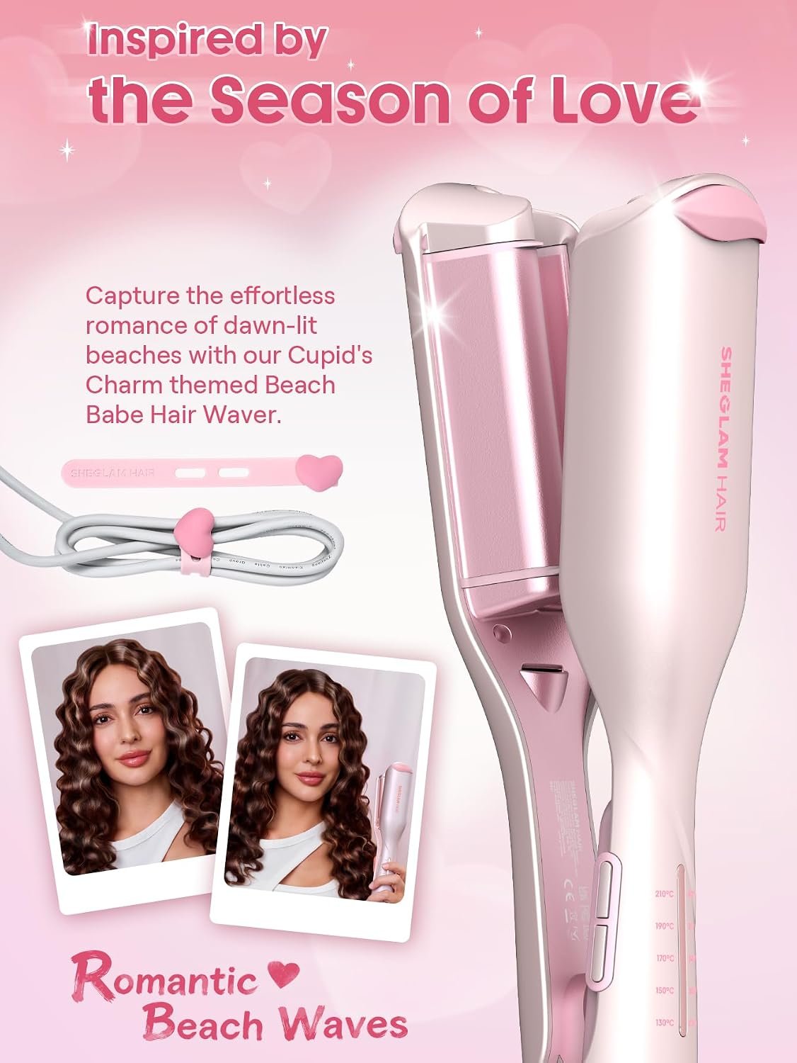 1789702728 SHEGLAM Pink Beach Wave Hair Waver 0.75 inch Lightweight Dual Voltage Crimper for Women Smart Timer Double Barrel Tool with Adjustable Temps Anti Scald for Mermaid Waves on Short Hair