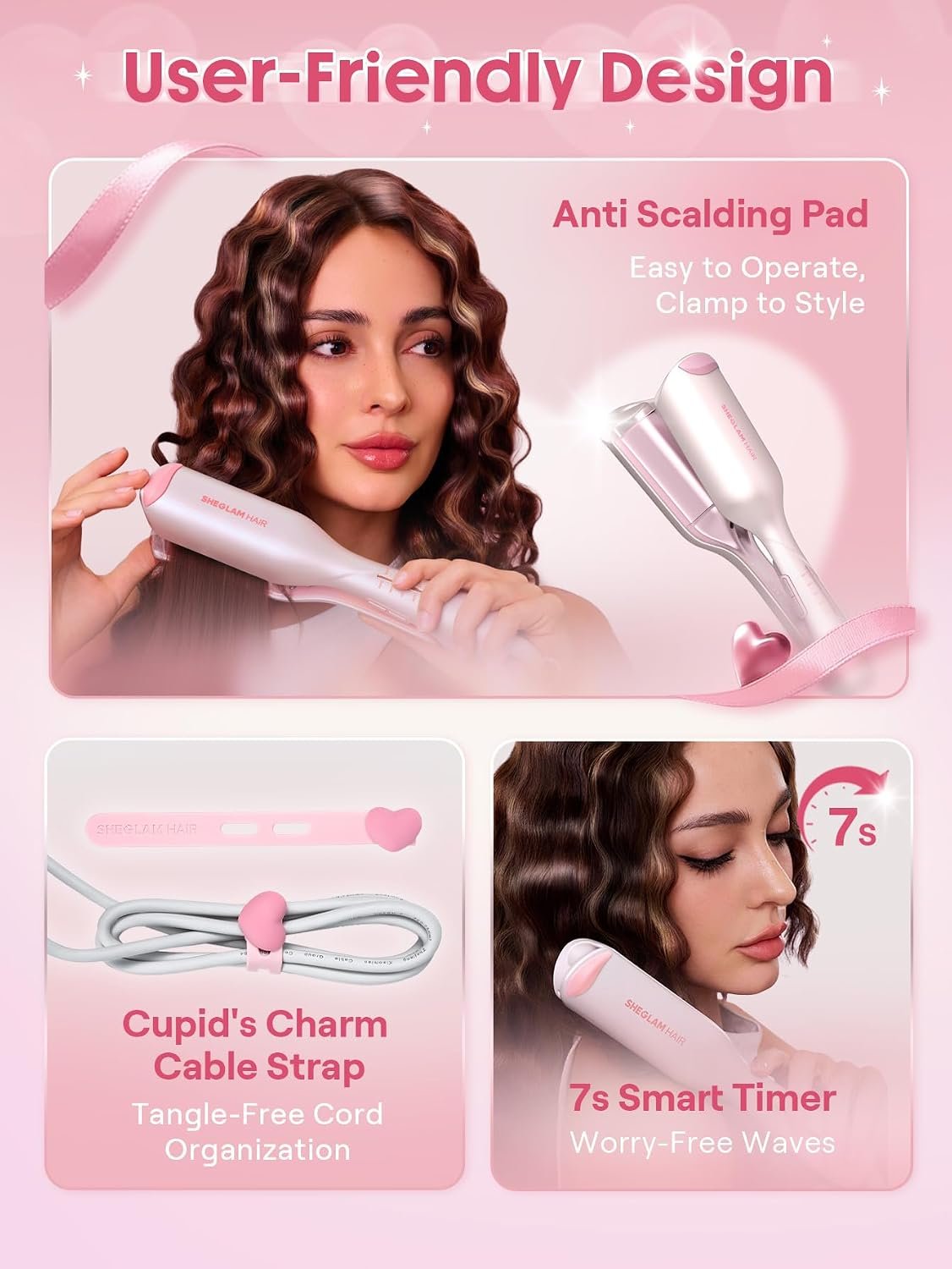1789702731 SHEGLAM Pink Beach Wave Hair Waver 0.75 inch Lightweight Dual Voltage Crimper for Women Smart Timer Double Barrel Tool with Adjustable Temps Anti Scald for Mermaid Waves on Short Hair