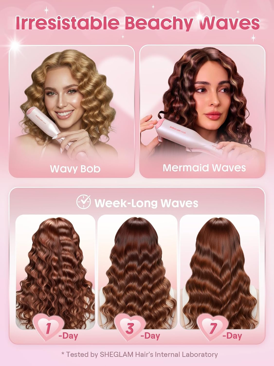 1789702732 SHEGLAM Pink Beach Wave Hair Waver 0.75 inch Lightweight Dual Voltage Crimper for Women Smart Timer Double Barrel Tool with Adjustable Temps Anti Scald for Mermaid Waves on Short Hair
