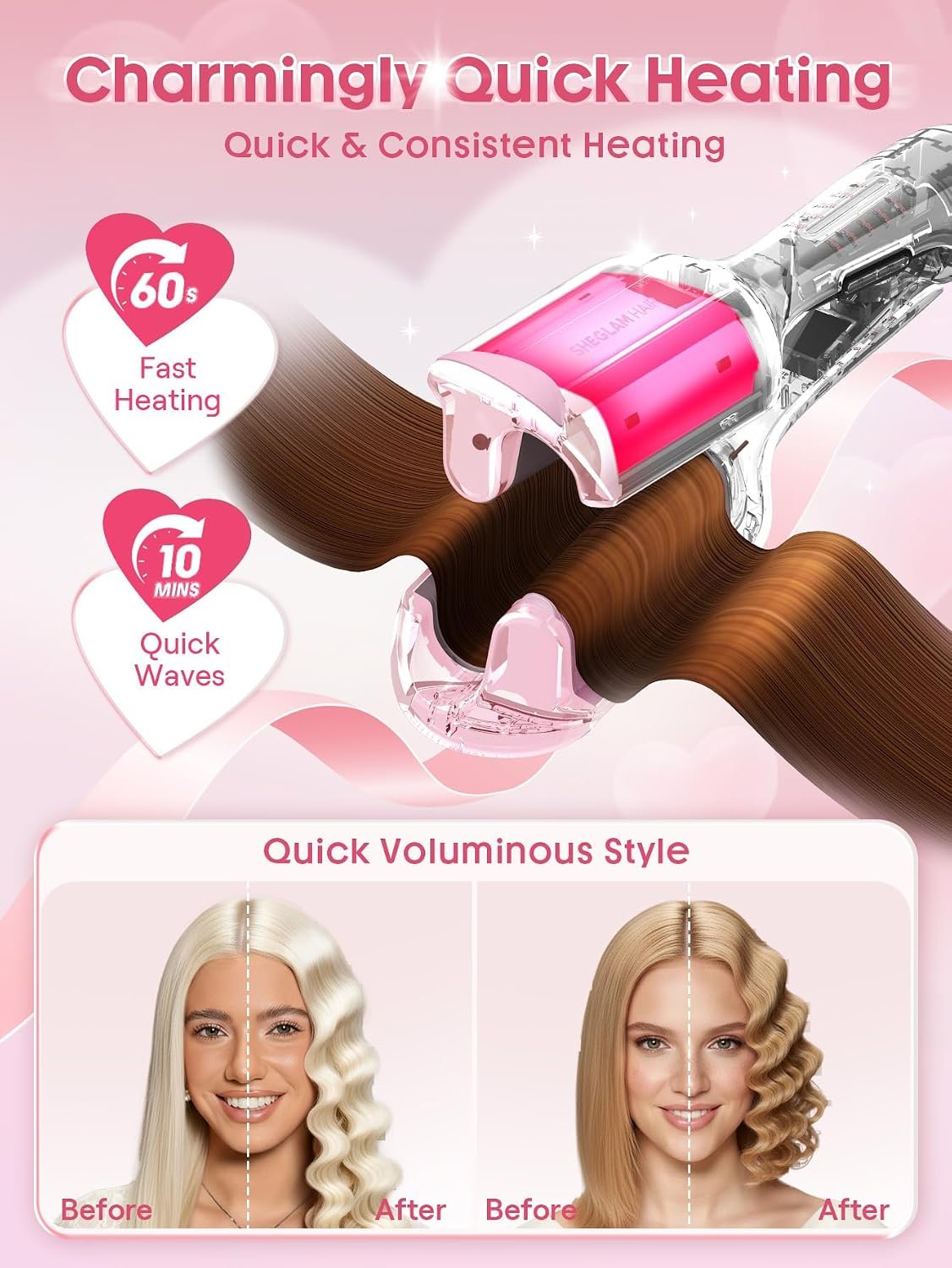 1789702733 SHEGLAM Pink Beach Wave Hair Waver 0.75 inch Lightweight Dual Voltage Crimper for Women Smart Timer Double Barrel Tool with Adjustable Temps Anti Scald for Mermaid Waves on Short Hair
