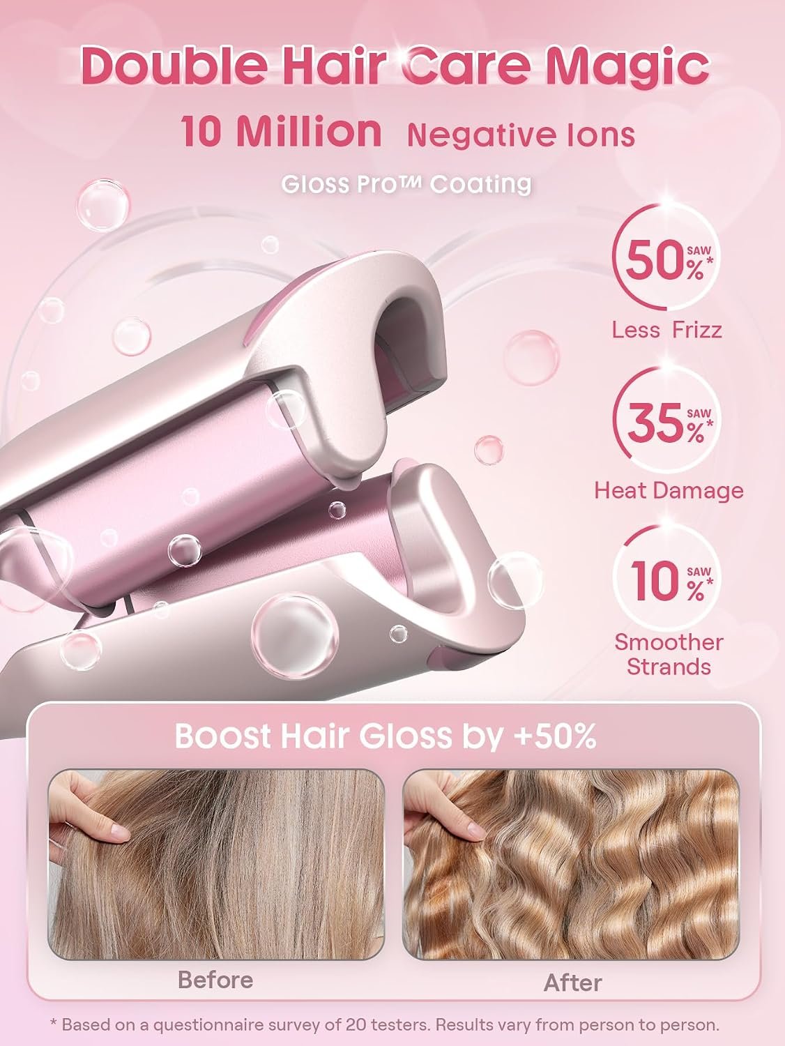 1789702734 SHEGLAM Pink Beach Wave Hair Waver 0.75 inch Lightweight Dual Voltage Crimper for Women Smart Timer Double Barrel Tool with Adjustable Temps Anti Scald for Mermaid Waves on Short Hair