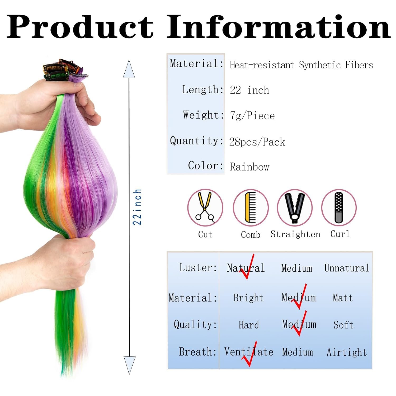 1789746999 28 Packs Colored Hair extension 22 Inch Color Clip in Hair Extension for Women Rainbow Highlight Hair Piece for Party