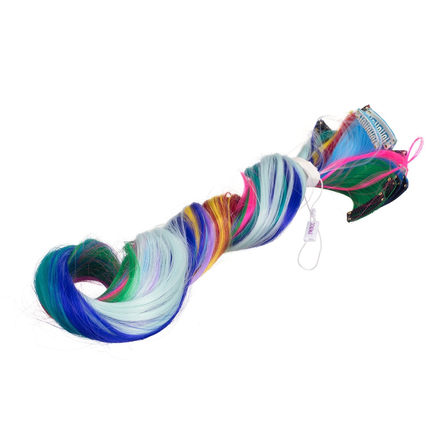 1789837620 SWACC 22 Pcs Colored Party Highlights Clip on in Hair Extensions For Women Multi Colors Hair Streak Synthetic Hairpieces 11 Colors 22 Pcs in Set Curly Wavy