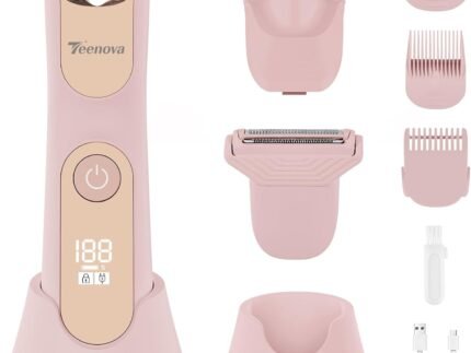 Manscape Body Hair Trimmer for Men, No Nick Pubic Bikini Trimmer for Women, 3 in 1 Versatile Groin Shaver with Nose Hair Trimmer, Cordless Dock Charging, LED Display, Wet/Dry Grommer (Pink)