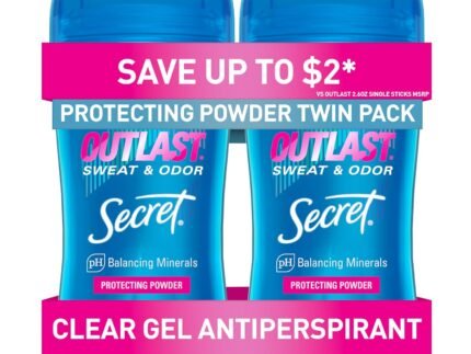 Secret Outlast Antiperspirant Deodorant for Women, 72hr Sweat & Odor Protection, PH Balancing Minerals, Clear Gel, Protecting Powder Scent, 2.6 oz (Pack of 2)