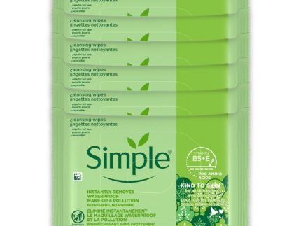 Simple Kind To Skin Cleansing Makeup Remover Wipes – Vegan Facial Cleanser Wipes with Vitamin B5 and E – Removes Waterproof Makeup – 6 pc