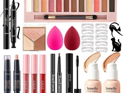 All in One Makeup Kit for Women Full Kit, Makeup Essential Bundle 12 Colors Eyeshadow Foundation Lipsticks Eyeliner Mascara Contour Powder Contour Stick Brow Pencil, Make Up Gift Set for Women & Teens