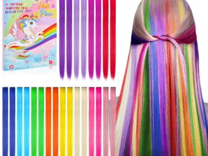 24PC Colored Clip in Hair Extension Age 4 5 6 7 8-10-12 Year Old, 20Inch Colorful Hair Accessories for Girls Rainbow Hairpieces Birthday for Girls Valentine Gift Girl Toy Easter Basket Stuffers Gifts