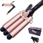 3 Barrel Curling Iron, 1 Inch Ceramic Tourmaline Hair Waver Wand with LCD Temperature Display, Fast Heating Foldable Crimpers for Travel Glove Included (Gold)
