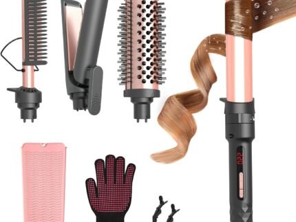 4-in-1 Curling Iron Set for Long Hair, Fast Heating Ceramic Ionic Hair Curler, Flat Iron & Hot Brush Combo, Frizz-Free Styling Tool with Dual Voltage for Home & Travel