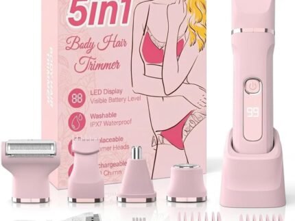5-in-1 Bikini Trimmer for Women,Electric Shaver for Women,Electric Razor Body Hair Trimmer,Cordless Body & Facial Razors, Shaver, IPX7 Waterproof,with 5 Blades,USB Rechargeable(Pink)