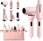 6 in 1 Automatic Curling Iron Set Heat Hair Curler Kit-1.1“ &1.26“ Heating-Fasting Curling Wand,U Shape Hair Crimper&Straightener&Brush&Hair Dryer&Travel Bag(Pink Curler Set)