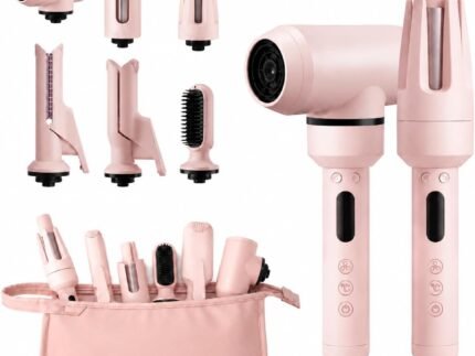 6 in 1 Automatic Curling Iron Set Heat Hair Curler Kit-1.1“ &1.26“ Heating-Fasting Curling Wand,U Shape Hair Crimper&Straightener&Brush&Hair Dryer&Travel Bag(Pink Curler Set)