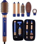 6-in-1 Hot Air Multi-Styler with Case, Hair Dryer & Blow Dryer Thermal Round Brush, Auto-Wrap Curler & Straightener, Fast Drying & Negative Ion Styling for Smooth Frizz-Free Blowouts (Blue Noir)