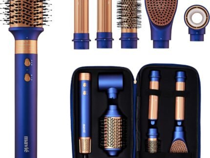 6-in-1 Hot Air Multi-Styler with Case, Hair Dryer & Blow Dryer Thermal Round Brush, Auto-Wrap Curler & Straightener, Fast Drying & Negative Ion Styling for Smooth Frizz-Free Blowouts (Blue Noir)