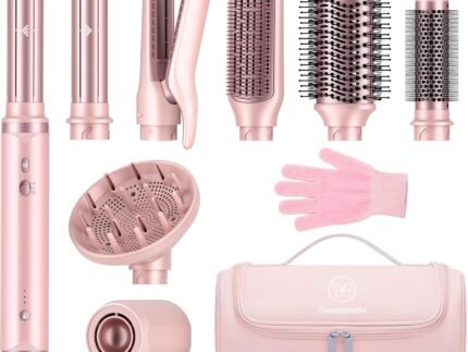 8-in-1 Hair Styler & Hair Dryer Brush Set, Dual Voltage Ionic Blow Dryer with Wrap Curlers & Hair Straightener, Fast Drying Volumizing Curling Straightening, No Heat Damage, Gifts for Women