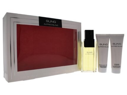 ALFRED SUNG Sung for Women – 3 Pc Gift Set 3.4oz EDT Spray, 2.5oz Essential Body Lotion, 2.5oz Refreshing Shower Gel.