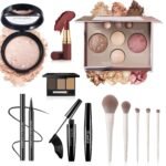 All-In-One Beginner Makeup Kit for Women – 7-Shade Baked Powder Palette, Brow Powder, Setting Powder, Matte Lipstick, Eyeliner, Mascara & 5 Brushes – Full Face Makeup Set for Daily Wear & Travel