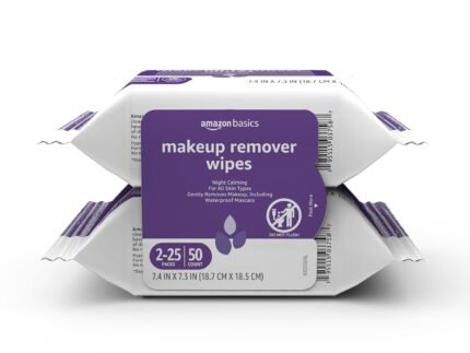 Amazon Basics Makeup Remover Wipes, Gentle Cleansing, Dermatologist Tested, Night Calming, Alcohol-Free, Removes Waterproof Mascara, 25 Count Per Pack, Pack of 2