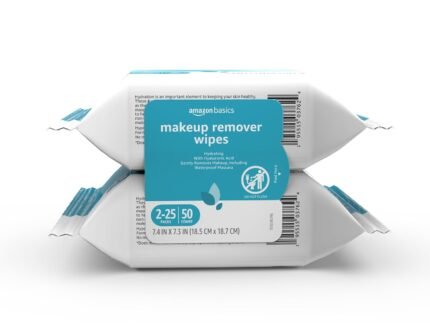 Amazon Basics Makeup Remover Wipes, Hydrating Facial Cleansing, Hyaluronic Acid, Dermatologist Tested, Alcohol-Free, Removes Waterproof Mascara, 25 Count, 2-Pack