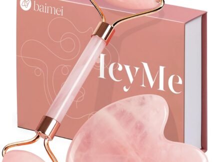 BAIMEI IcyMe Rose Quartz Roller & Gua Sha Facial Tool Set for Depuffing