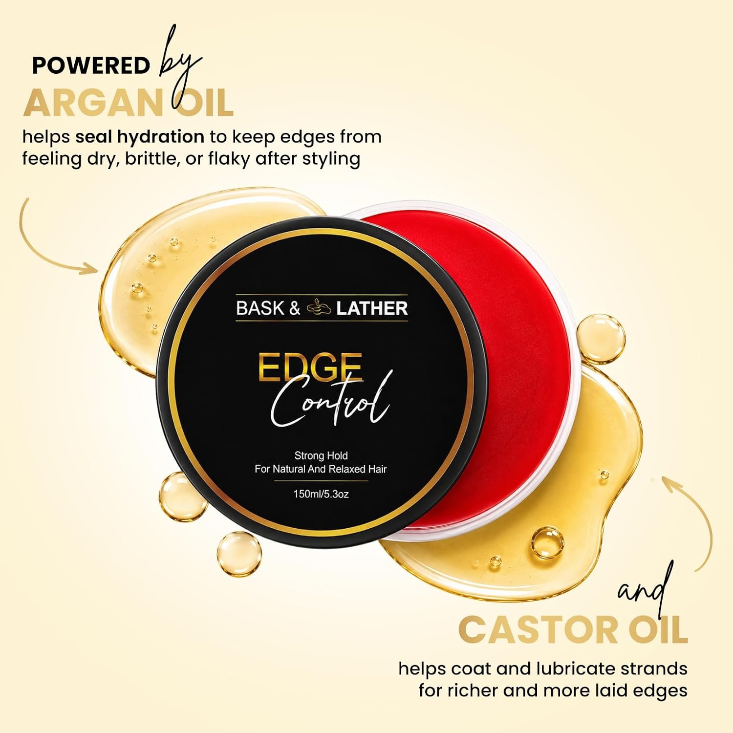BASK LATHER Strong Hold Edge Control Gel with Castor Oil Non Greasy Non Flaking No White Cast Long Lasting Supports Hair Growth Natural Formula For All Hair Types 5.3 Fl Oz
