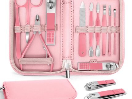 BLESWIN Manicure Pedicure Set, 12 Pcs Nail Care Kit for Women, Mens Nail Grooming Kit, Manicure & Pedicure Tools & Accessories, Pink Nail Kit Manicure Set Luxury Leather Case for Home Salon Use