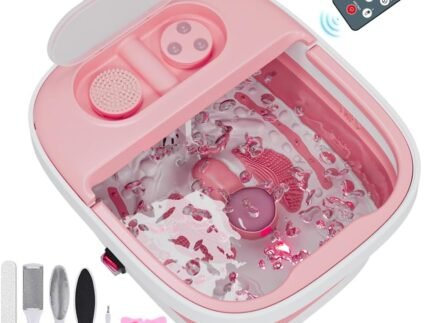 Collapsible Foot Spa Bath Massager with Heat, Remote, Temperature Control, Timer, Foot Soaking Tub with Pedicure Kit & 3 Attachments, Pedicure Foot Spa for After Work Relaxation (Pink)