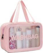 DAPOWER Travel Toiletry Bag for Women, Matte Translucent Toiletry Bag with Handy Handle, Makeup Cosmetic Organizer Bag for Travel Toiletries Accessories (Pink)