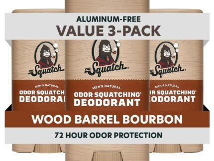 Dr. Squatch Natural Men’s Deodorant – Aluminum Free Natural Deodorant Men with Charcoal & Postbiotics for 72-Hour Odor Protection – Wood Barrel Bourbon, 2.65oz Stick (3-Pack)