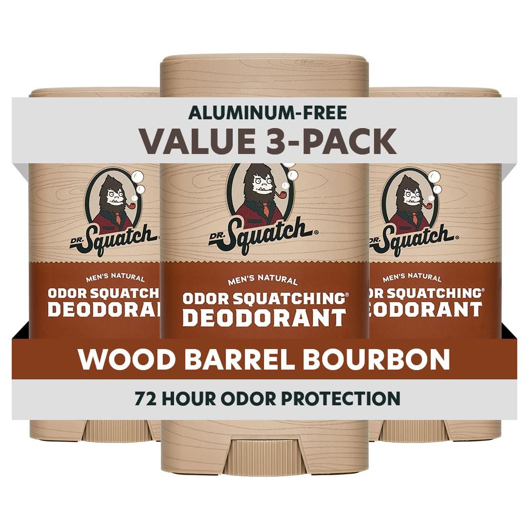 Dr. Squatch Natural Men’s Deodorant – Aluminum Free Natural Deodorant Men with Charcoal & Postbiotics for 72-Hour Odor Protection – Wood Barrel Bourbon, 2.65oz Stick (3-Pack) Dr. Squatch Natural Men’s Deodorant – Aluminum Free Natural Deodorant Men with Charcoal & Postbiotics for 72-Hour Odor Protection – Wood Barrel Bourbon, 2.65oz Stick (3-Pack)
